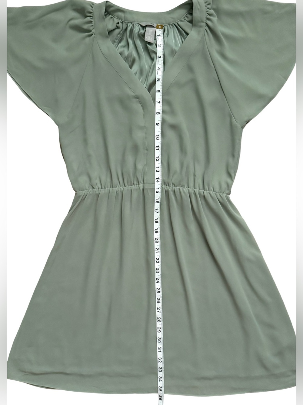 H&M Summer Short Cocktail Dress Midi Flutter Sleeve Light Flowy Tie Waist V-neck - Picture 4 of 9